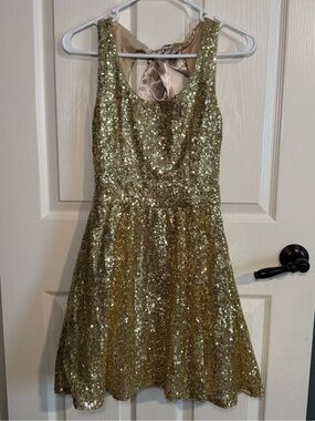B Darlin Gold Sequin Sleeveless Party Dress with Satin Bow
